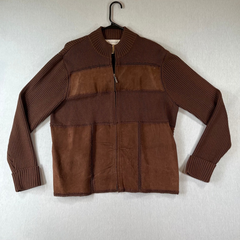 Evan-Picone Jacket Women L Brown Ribbed Wool Leather Suede Patchwork Zip Up